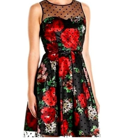 NWoT SD COLLECTION beauty netting overlay black / daring red floral (12) - Picture 1 of 13